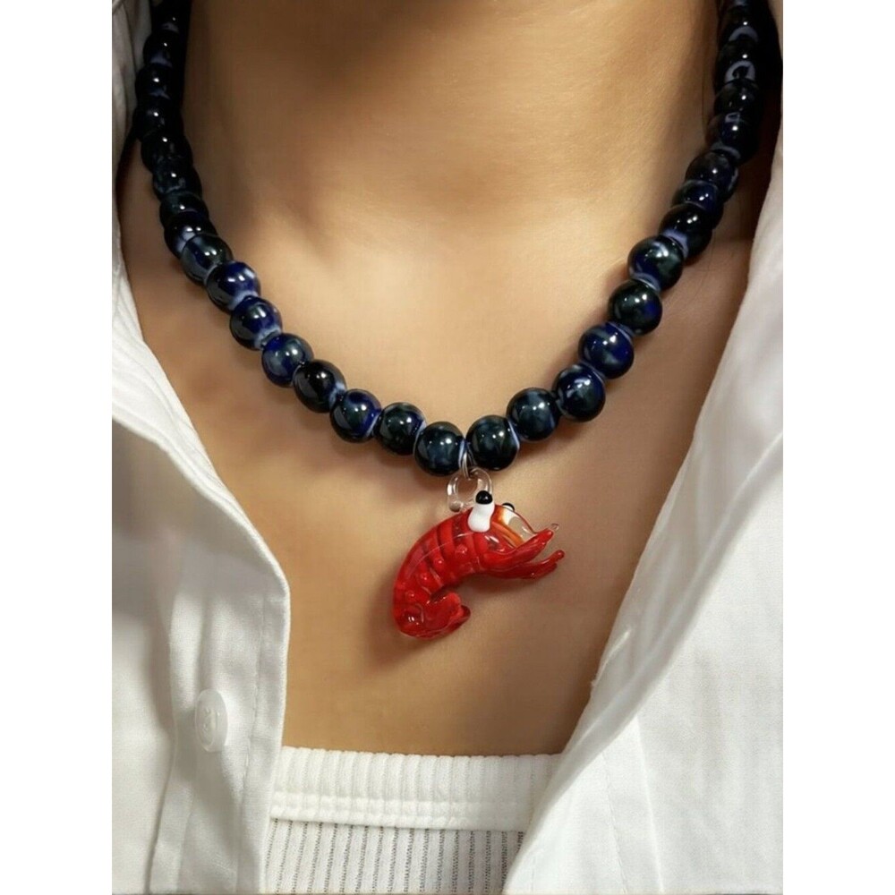 Murano Style Glass Shrimp Lobster Pendant Beaded Statement Necklace